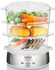 Taurus 3 Tier 9 Litre Capacity Digital Food Steamer- Estilo Vapor Food Steamer, Stainless Steel Housing, 800w Rated Power Settings, 24 Hour Delay Function, Dual LCD Screens For Cooking And Keep Warm Functions, Cool Touch Handles, Transparent Lid, Colour Silver, Retail Box 1 Year Warranty