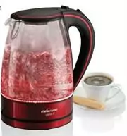 Mellerware Vision II Glass Jug Kettle - 22400RDA - RED - Cordless base with auto switch off, Lid opening button, Red lighting ring, Auto switch off, Concealed heating element, Boil dry cut-out safety, Water level indicator, Boil dry cut out safety switch, Filter Removable, Lid opening button, Retail Box, 1 year warranty
