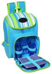 Striped Picnic Backpack (4 Person) - P915E - Blue & Green - comes with four place settings that includes Plates, Cutlery, Glasses and Napkins, With Handle, Side Pocket and Cooler Bag Compartment, Retail Box, 1 year warranty