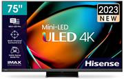 Hisense 75 inch U8K Series Mini-LED UHD Smart TV - Resolution 3840 x 2160, Native contrast ratio 400:1, Smooth Motion Rate 140, Viewing Angle (Horiz / Vert) [Degrees] 178/178, Built-in Wi-Fi 802.11b/g/n, Ethernet Lan port (RJ45 connector), 4x HDMI inputs, 1x USB 2.0 ports, 1x USB 3.0 ports, Retail Box , 4 year Limited Warranty
