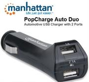 Manhattan PopCharge Auto Duo - Automotive USB Charger with 2 Ports , Converts a Cigarette Lighter Socket into a USB Power Source , Retail Box, Limited Lifetime Warranty