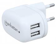 Manhattan PopCharge Home - Europlug C5 USB Wall Charger with Two Ports , Retail Box, Limited Lifetime Warranty