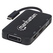 Manhattan USB-C 4-in-1 Audio/Video Converter - USB 3.1 Type-C Male to HDMI/DP/VGA/DVI Female, Black, Retail Box, Limited Lifetime Warranty