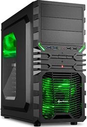Sharkoon VG4-W Midi Tower PC Gaming Case Green with Window, USB 3.0, Mounting possibilities: 3x 5.25" drive bays (external) or 2x 5.25" drive bays + 1x 3.5" bay (external) + 3x 3.5" hard drive bays (internal) + 4x 2.5" SSDs/HDDs (internal), Front I/O: 2x USB 3.0 (internal 19-pin mainboard connector incl. USB 2.0 plug), two USB 2.0 as well as two audio plugs - NO PSU, Retail Box , 1 Year warranty