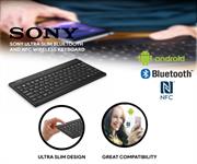 Sony Cleopatra BKB10 Ultra Slim Bluetooth and NFC Wireless Keyboard – QWERTY Keyboard Layout , Built-in Rechargeable Battery , Bluetooth 3.0 interface , 5 mm thin , 17.5mm Key pitch , Weighs in at 200 grams , Micro USB Charging-Black, Brown Box , 1 year Limited warranty