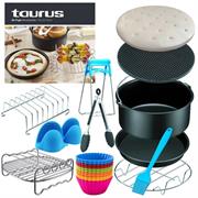 Taurus 28pc Air Fryer Accesssory Set, 1 x Cake Barrel 6 Inch 15.24cm, 1 x Pizza Pan 6 Inch 15.24cm., 1 x Silicone Mat, 1 x Stainless Steel Holder, 1 x Stainless Steel Skewer Rack, 4 x Skewers, 1 x Silicone Oil Brush, 1 x Stainless Steel Kitchen Tong, 1 x Pair Silicone, Cooking Pot Mitts, 1 x Parchment Paper (100 Pack), 12 x Silicone Muffin Cups, 1 x Stainless Steel Toasting Rack.,1 x Cook Book..1 x Stainless Steel Extractor Retail Box 2 year warranty