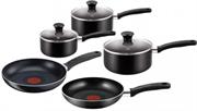 Tefal Essential 8 Piece Non Stick Set Black- Thermo-Spot Technology, Bakelite Handles, Aluminium Construction, Dishwasher Safe, Includes 1x 14cm Saucepan, 1x 16cm Saucepan, 1x 18cm Saucepan, 1x 20cm Frying Pan, 1x 24cm Frying Pan, 3x Vented Glass Lids, Retail Box Out of Box Failure Warranty