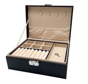 Casey Double Layer Black Faux Leather Jewelery Storage Box - Elegant Double-Layer Faux Leather Jewelery Organizer with Lock; Spacious Storage for Earrings, Necklaces, Bracelets & Pendants; Retail Box No warranty
