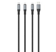 Ezra 3in1 Black Braided 2.4A 1Meter Data Cable - Supports Simultaneous Charging Of Multiple Devices, Metal Series, UsbA To TypeC, Micro & Lightning - Strong And Durable, Retail Box , 1 Year Limited Warranty