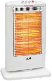 Alva Electric Halogen Heater- Floor Standing Unit , Left to Right Wide-Angle Oscillation ,1200w Power, 3 x Temperature Settings, 3 x Bar Halogen Tubes, Tilt / Auto Off Switch, Heating Area Up To12 m², Colour White, Retail Box 1 Year Warranty