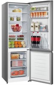 Hisense Fridge Freezer Combination 264 Litre Capacity-Titanium Inox Finish, 201 Litre Fridge And 63 Litre Freezer , Defrost Cooling, Recessed handle, Long Life LED Light, Energy Saving, Removable Tempered Glass Shelves, Bulk Guard For Large Bottles, Reversible Door Design, Adjustable Level Feet, Dimensions Without Handle (W / D / H) 550 × 566 × 1805 mm, Net Weight 50,5 kg, Retail Box 1 Year Warranty