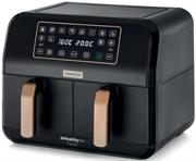 Kenwood Dual K Healthy Fry Airfryer Black- Digital LED Touch Control Panel, Dual Zone Air Basket Capacity For Separate Cooking, 8 Litre Total Capacity, 1,7kg Capacity Per Basket, 1700w Power, 8 Preset Cooking Menus, Rapid Air Circulation, Time Setting Range 0-60 Minutes , Adjustable Temperature 35 -200 Degree, Easy To Clean, Non-Stick Coating Basket, 2 X Crisper Trays Included For Superior Air Circulation, Automatic Shut Off, Shake reminder, Overheat protection, Recipe Book Included Colour Black With Gold Handles Retail Box 1 Year Warranty
