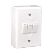Lesco LSS Range 3 Lever 3x1 Way Switch Shrink Wrapped Surface Box - Fully assembled complete with extension box and retaining screws, Voltage: 220-240V , Height: 100mm , Width: 50mm , Material: Polycarbonate, Colour White, Sold as a Single unit, 3 Months Warranty