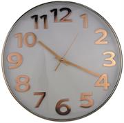Casey Wall Clock - Round Rose Gold Outer Rim With White Background , Large 35cm Diameter, Analogue Display Type, Rose Gold Numbering With Rose Gold Hour And Second Hands , Quartz Movement, Battery Operated, Retail Box 3 Months Warranty