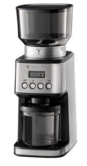 Russell Hobbs Conical Burr Grinder – Digital LCD Display, , One-Touch Button Control, 31 Grind Settings, 600rpm Grinding Speed, Unique Clip-In Portafilter Holders In Two Sizes (51mm And 58mm), Removable 4cm Stainless Steel Conical Burr, Stainless Steel Housing, Bean Container Capacity: 320g, Ground Coffee Container Capacity: 120g, Retail Box 1 Year Warranty