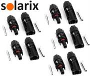 Solarix MC4 Solar Connectors Male And Female Pack Of 5 Sets - Compatible with 4mm, 6mm Single Core Solar Photovoltaic PV Cable , Rated Current. 30A. Rated Voltage 1000VDC, 10 Pairs MC4 Solar Connectors Including Insulating Part And Ferrule, Colour Black, Retail Box, No warranty