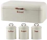 Totally 4 Piece Retro Breadbin And Canister Tin Set Combo - Includes Breadbin And Matching Sugar, Coffee, Tea Canister Tins Colour White , Retail Box Out Of Box Failure Warranty