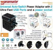 Promate Travelmate.Mobi ,Universal Auto-Switch Power Adaptor with 2 Ultra-Fast USB Ports and a power socket, Retail Box , 1 Year Warranty