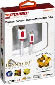 Promate linkMate.H3 Premium Compact HDMI to Micro-HDMI Cable,connects tablets or smartphones to your HDTV for full high-definition video and audio with a compact cable,provides high refresh rates for smoother motion view and supports new lossless audio format for a clearer sound for your ultimate viewing and audio experience,Made from flexShield™ PVC coated 24k gold plated copper material, this cable delivers up to 1080p HD video and multi-channel audio with just a single cable, Retail Box, 1 Year Warranty