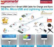 Promate linkMate-trio Integrated 3 in 1 Smart USB Cable for Charge and Sync Lightning, 30 Pin and Micro-USB - 1 Meter - White, Retail Box, 1 Year Warranty