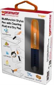 Promate Trigger multifunction stylus pen for tablet and touch screen devices ,with cleaning Fluid and dry pad,ultra-sensitive stylus pen Ideal for writing, sketching and drawing on your device Precision touch with smooth surface glide,Anti-bacterial and anti-static cleaning liquid solution,highly absorbent dry pad. The Trigger is stylus pen with cleaning solution function built for tablet and touch screen devices. Its stylus pen is ultra-sensitive and offers precision touch with a smooth surface glide and is ideal for drawing, sketching and writing on your smartphone or tablet device. It has an in-built anti-bacterial and anti-static cleaning fluid which you could spray on your tablet and its expandable highly absorbent dry pad to clean it thoroughly. A complete functional stylus on the go, it’s just simply the best accessory added for your tablet devices., Retail Box , 1 Year Warranty