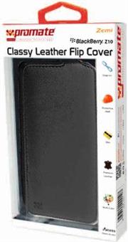 Promate Zemi BlackBerry Z10 Classy Leather Flip Cover Colour:Black The Zemi is a simple but yet classy and smart leather flip cover for BlackBerry Z10. The vertical flip provides sophisticated look which at the same time protects your phone and lets you access the Z10 external features, while ensuring that the phone is held securely in place by its leather side holders. Leather clasp lock is securing the flip in place and covers the Z10 when not in use adding versatility to this smart and sleek protective leather case., Retail Box , 1 Year Warranty
